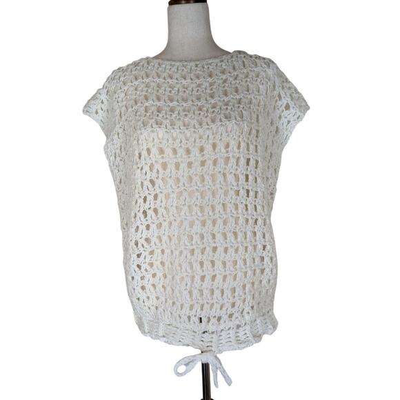 Handmade Tops - Handmade Open Crochet White Cap Sleeve Top Adjustable Waist Tie Size M/L Boho
